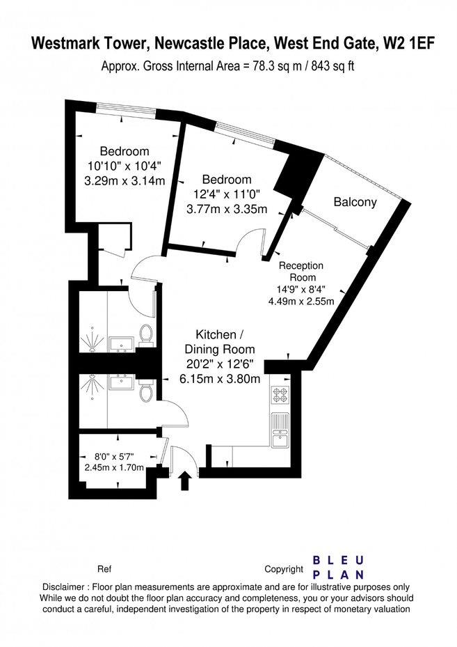 2 bed apartment for sale in Westmark Tower, 1 Newcastle Place, London W2 - Property floorplan