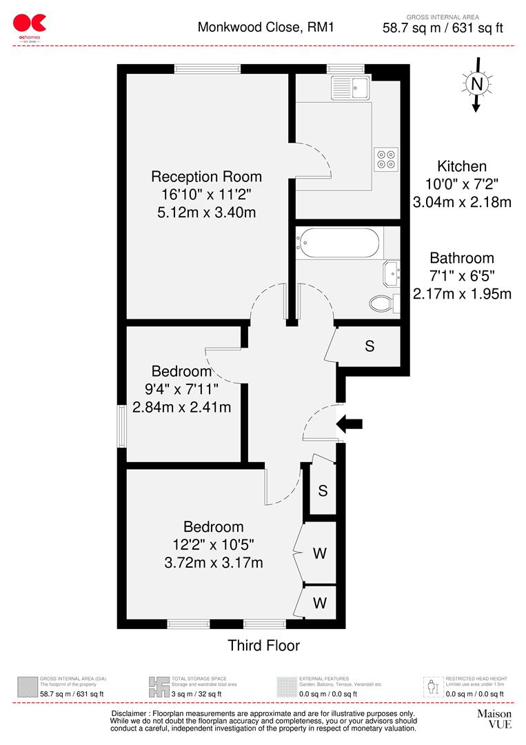 2 bed flat for sale in Monkwood Close, Romford - Property floorplan