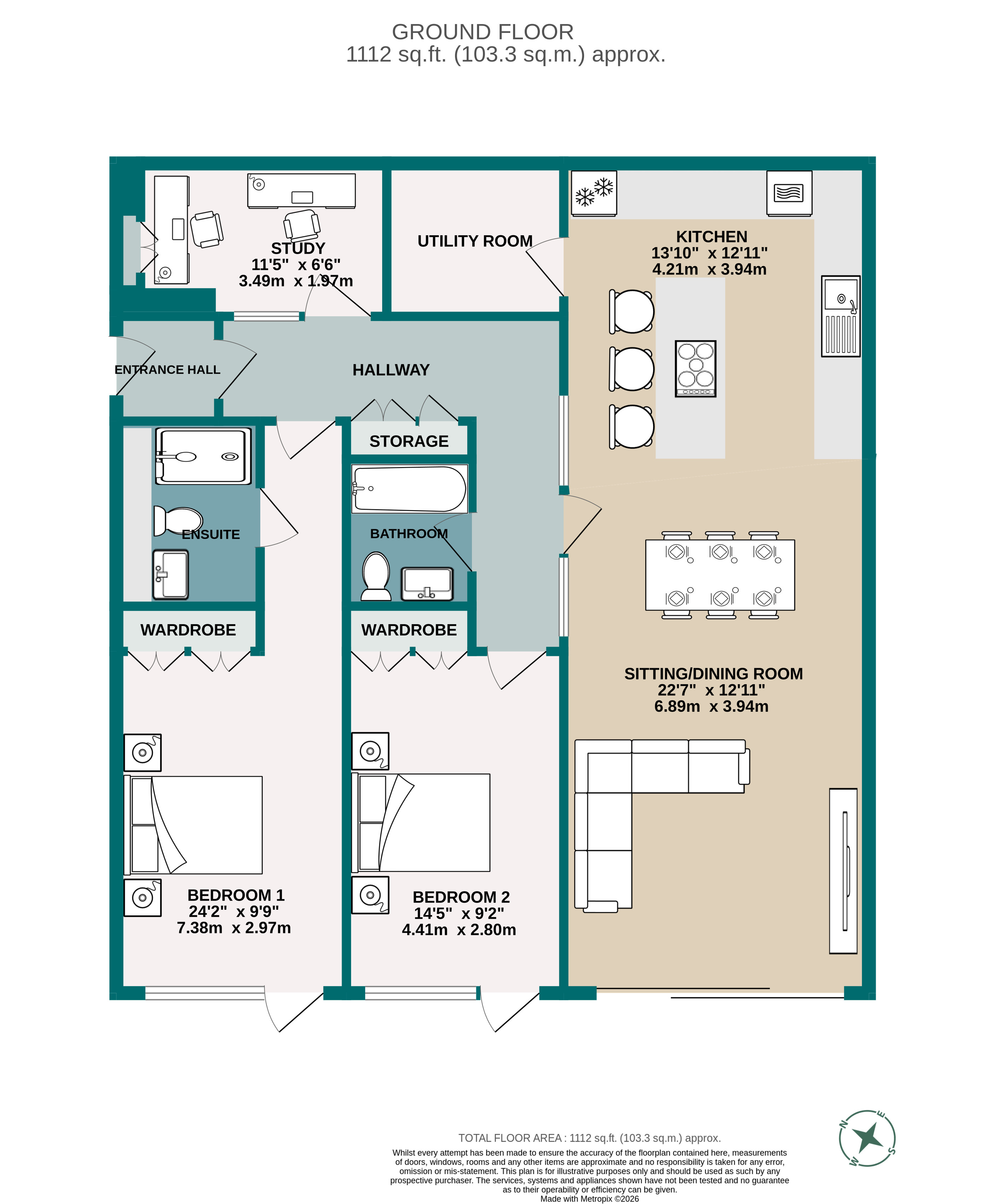 2 bed ground floor flat for sale in Chaddesley Glen, Poole, BH13 - Property floorplan