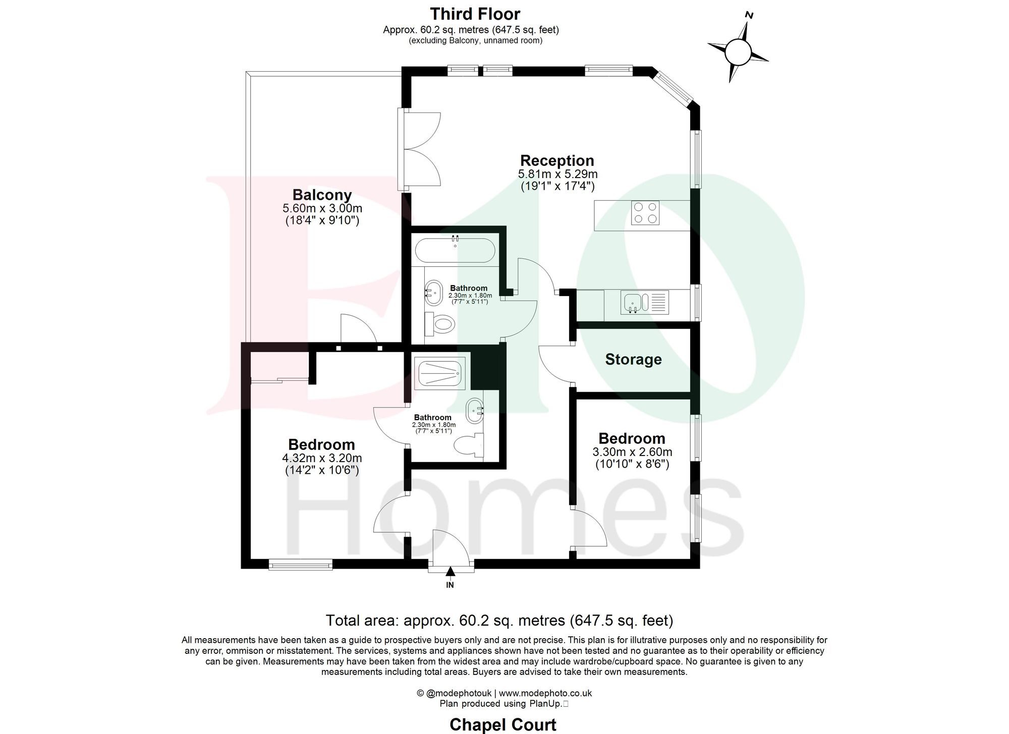 2 bed flat for sale in Chapel Court, Rosedene Terrace, Leyton, E10 - Property floorplan