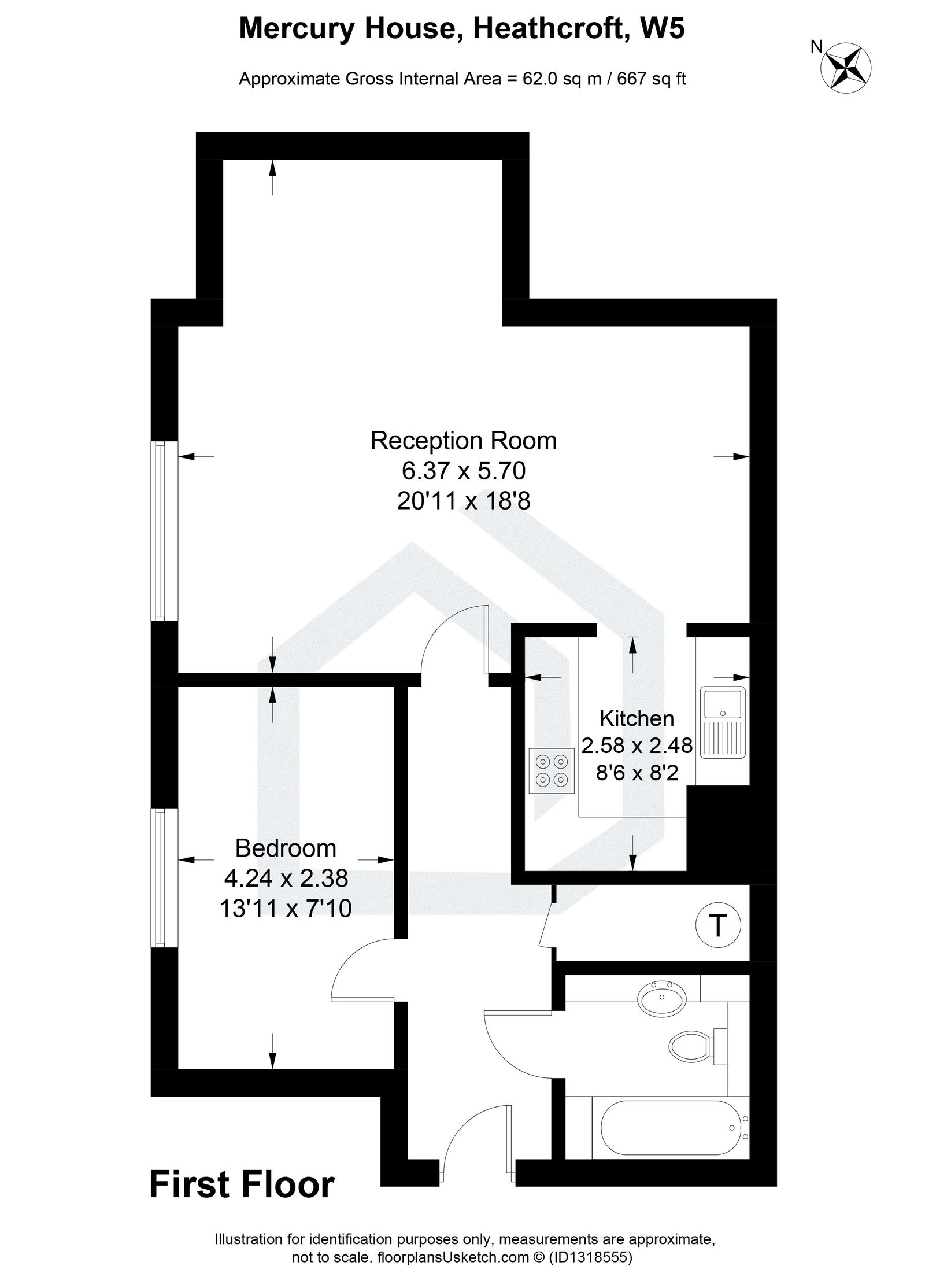 1 bed flat to rent in Mercury House, Heathcroft, W5 - Property floorplan