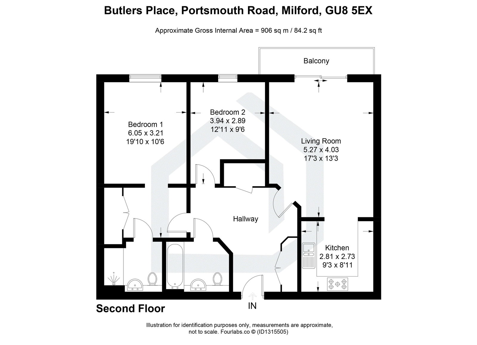 2 bed flat for sale in Butlers Place, Milford, GU8 - Property floorplan