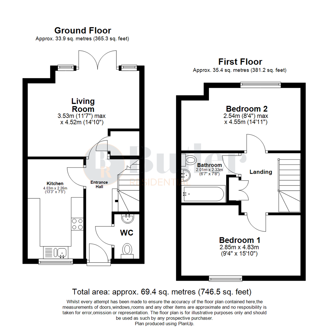 2 bed terraced house for sale in Three Tuns Close, Arlesey - Property Floorplan