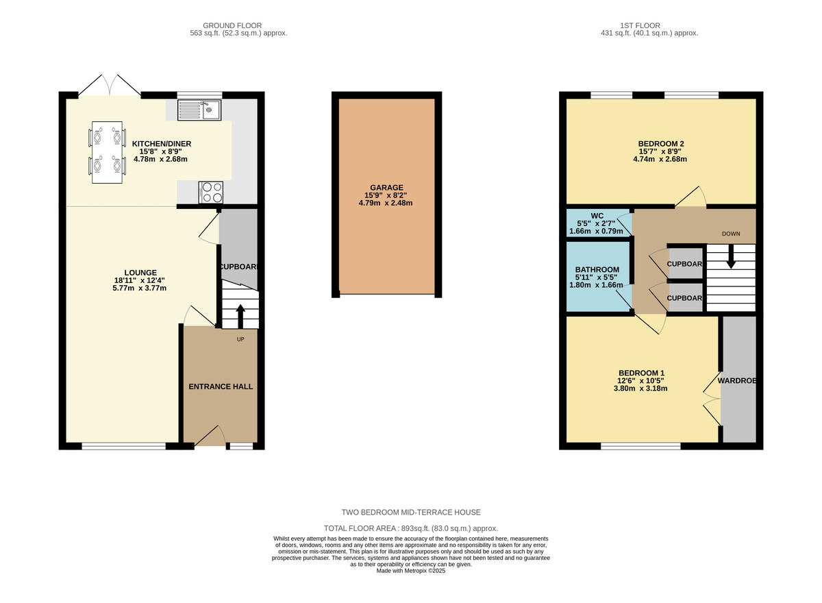 2 bed terraced house for sale in Tower Gardens, Crediton - Property floorplan